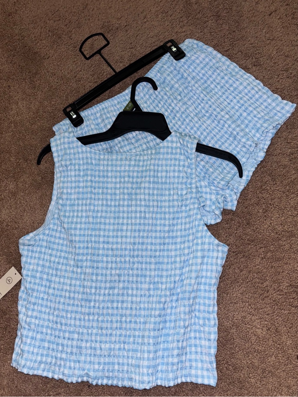 Light Blue Gingham Sleeveless Top With Matching Bottoms - Women's